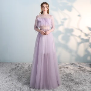 Amazing Unique Blushing Pink Prom Dresses 2018 A Line Princess Scoop Neck 3 4 Sleeve Floor Length Long Formal Dresses