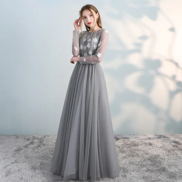 Chic / Beautiful Grey Prom Dresses 2018 Empire Appliques Scoop Neck Long Sleeve Ankle Length Formal Dresses