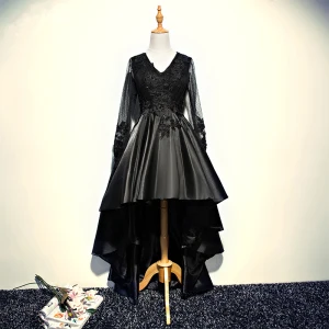 Chic Beautiful Black Cocktail Dresses 2017 A Line Princess Lace Crystal Beading V Neck Backless Asymmetrical Formal Dresses