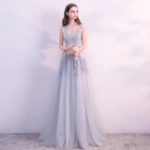 Chic Belle Gris Robe De Soirée 2018 Princesse Dentelle Fleur Perle Paillettes Ceinture U Cou Sans Manches Dos Nu Longue Robe De Ceremonie