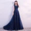 Chic / Belle Bleu Marine Robe De Soirée 2018 Princesse En Dentelle Fleur Perlage Cristal Paillettes Encolure Dégagée Dos Nu Sans Manches Train De Balayage Robe De Ceremonie