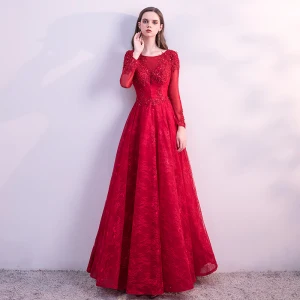 Chic Belle Rouge Robe De Bal 2018 Princesse En Dentelle Fleur Perlage Cristal Paillettes Encolure Dégagée Dos Nu Manches Longues Longueur Cheville Robe De Ceremonie