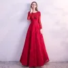 Chic / Beautiful Red Prom Dresses 2018 A-Line / Princess Lace Flower Beading Crystal Sequins Scoop Neck Backless Long Sleeve Ankle Length Formal Dresses