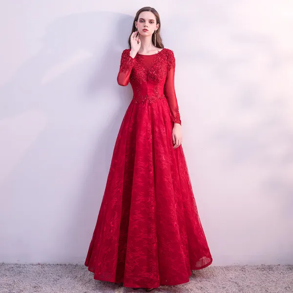 Chic / Beautiful Red Prom Dresses 2018 A-Line / Princess Lace Flower Beading Crystal Sequins Scoop Neck Backless Long Sleeve Ankle Length Formal Dresses