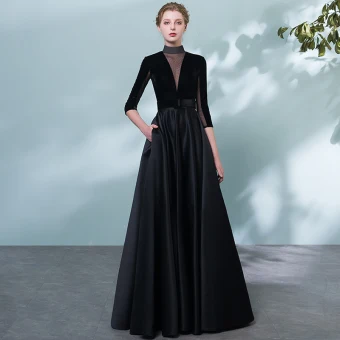 Elegant Evening Dresses 2018 A Line Princess Sash Pierced High Neck Backless 1 2 Sleeves Floor Length Long Formal Dresses