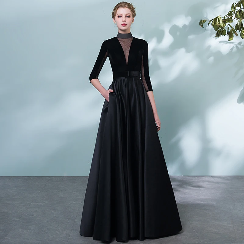 slim fit dress slacks Long Prom Dress Navy Blue Half Sleeve Lace Applique Formal Evening Dresses 2018 APD3261 main image 1