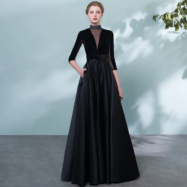 Elegant Evening Dresses 2018 A-Line / Princess Sash Pierced High Neck  Backless 1/2 Sleeves Floor-