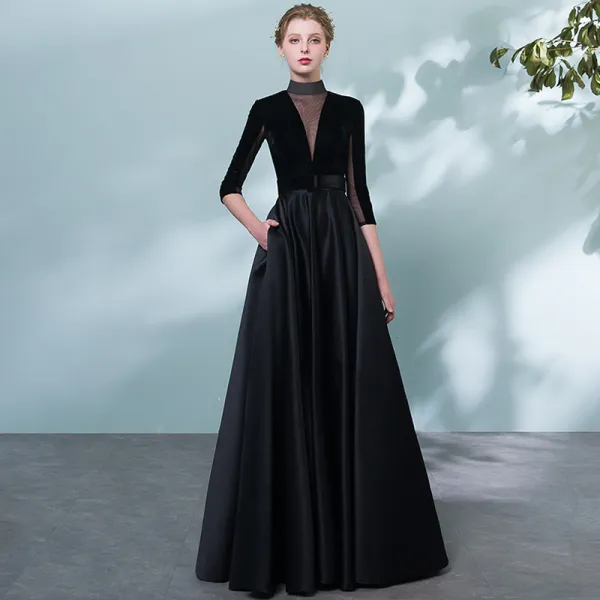 Elegant Evening Dresses  2018 A-Line / Princess Sash Pierced High Neck Backless 1/2 Sleeves Floor-Length / Long Formal Dresses