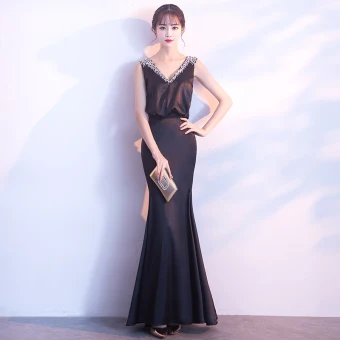 Sexy Black Evening Dresses 2017 Trumpet Mermaid Beading Sequins V Neck Backless Sleeveless Ankle Length Formal Dresses