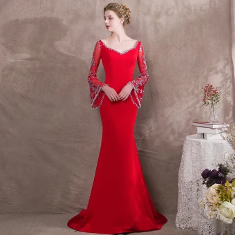 Luxe Rouge Robe De Soirée 2018 Trompette Sirène Perlage V Cou Dos Nu Manches Longues Tribunal Train Robe De Ceremonie
