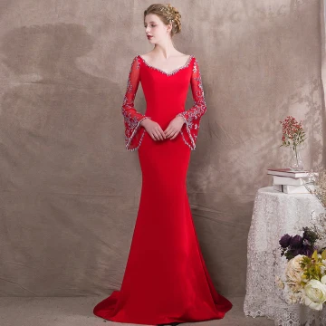 Luxury Gorgeous Red Evening Dresses 2018 Trumpet Mermaid Beading V Neck Backless Long Sleeve Court Train Formal Dresses