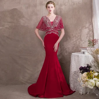 Luxury Gorgeous Burgundy Evening Dresses 2018 Trumpet Mermaid Beading Crystal Rhinestone V Neck Backless Short Sleeve Court Train Formal Dresses