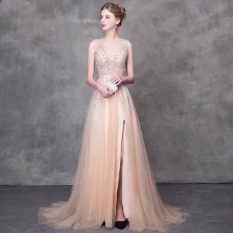 Luxe Champagne Robe De Soirée 2018 Princesse Perlage Paillettes V Cou Dos Nu Sans Manches Train De Balayage Robe De Ceremonie