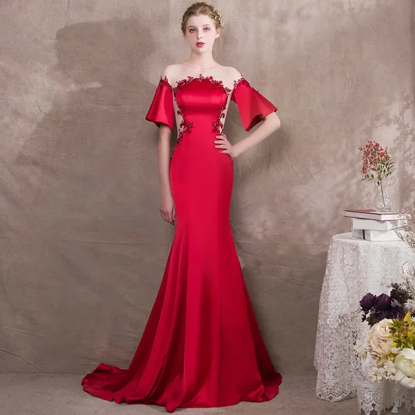 Elegant Red Evening Dresses  2018 Trumpet / Mermaid Beading Scoop Neck 1/2 Sleeves Sweep Train Formal Dresses