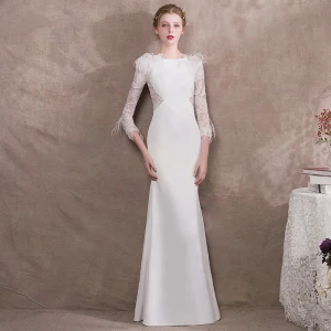 Moderne Mode Ivoire Robe De Soirée 2018 Trompette Sirène En Dentelle Plumes Manches Longues Encolure Dégagée Longue Robe De Ceremonie