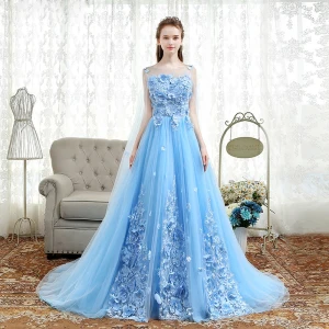 Élégant Bleu Ciel Robe De Bal 2018 Princesse Appliques Encolure Dégagée Dos Nu Sans Manches Watteau Train Robe De Ceremonie