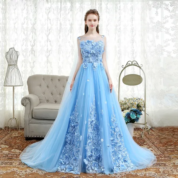Elegant Sky Blue Prom Dresses 2018 A-Line / Princess Appliques Scoop Neck Backless Sleeveless Watteau Train Formal Dresses