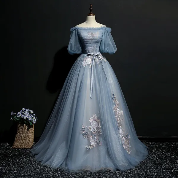 Elegant Prom Dresses 2018 Ball Gown Bow Embroidered Off-The-Shoulder Short Sleeve Floor-Length / Long Formal Dresses