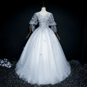 Elegante Grijs Galajurken 2018 Baljurk Kant Bloem Appliques Parel Ronde Hals Ruglooze 1 2 Mouwen Lange Gelegenheid Jurken