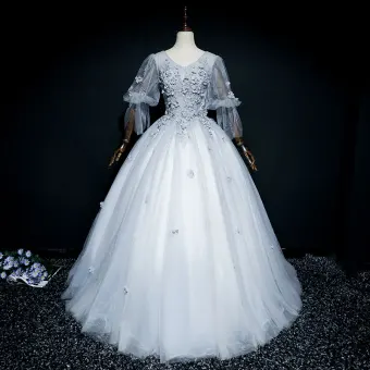 Élégant Gris Robe De Bal 2018 Robe Boule En Dentelle Fleur Appliques Perle Encolure Dégagée Dos Nu 1 2 Manches Longue Robe De Ceremonie