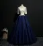 Elegant Navy Blue Prom Dresses 2018 Ball Gown Lace Appliques Scoop Neck Backless 1/2 Sleeves Floor-Length / Long Formal Dresses