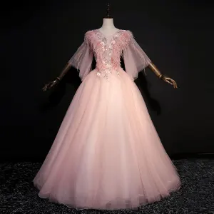 Elegante Parel Roze Galajurken 2018 Baljurk Kant Appliques Parel Rhinestone Veer V Hals Ruglooze 1 2 Mouwen Lange Gelegenheid Jurken