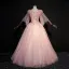Elegant Pearl Pink Prom Dresses 2018 Ball Gown Lace Appliques Pearl Rhinestone Feather V-Neck Backless 1/2 Sleeves Floor-Length / Long Formal Dresses