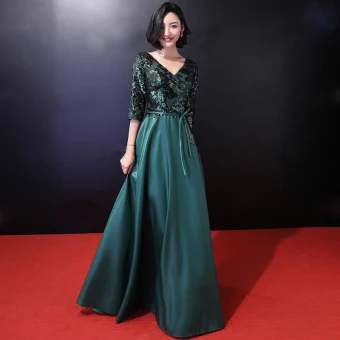 Chic Belle Vert Foncé Robe De Soirée 2018 Princesse Paillettes Noeud V Cou Dos Nu 3 4 Manches Longue Robe De Ceremonie