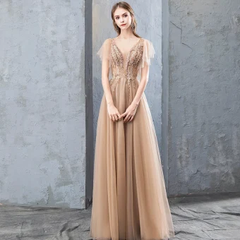 Modern Fashion Champagne Evening Dresses 2019 A Line Princess Lace Flower Appliques Rhinestone V Neck Backless Short Sleeve Floor Length Long Formal Dresses