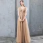 Modern / Fashion Champagne Evening Dresses  2019 A-Line / Princess Lace Flower Appliques Rhinestone V-Neck Backless Short Sleeve Floor-Length / Long Formal Dresses