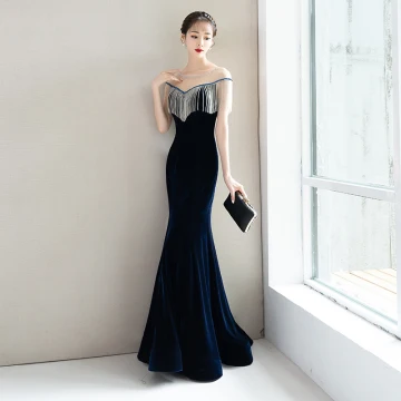 Elegant Navy Blue Evening Dresses 2018 Trumpet Mermaid Beading Tassel Suede Scoop Neck Backless Short Sleeve Floor Length Long Formal Dresses