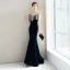 Elegant Navy Blue Evening Dresses  2018 Trumpet / Mermaid Beading Tassel Suede Scoop Neck Backless Short Sleeve Floor-Length / Long Formal Dresses