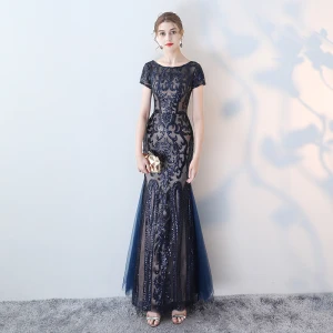 Chic Belle Robe De Soirée 2017 Trompette Sirène Paillettes Encolure Dégagée Dos Nu Manches Courtes Longueur Cheville Robe De Ceremonie