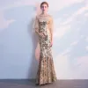 Sparkly Evening Dresses  2018 Trumpet / Mermaid Sequins Scoop Neck Backless 1/2 Sleeves Ankle Length Formal Dresses