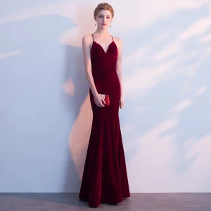 Modest Simple Burgundy Evening Dresses 2018 Trumpet Mermaid Spaghetti Straps X Strap Backless Sleeveless Floor Length Long Formal Dresses