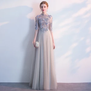 Elegant Evening Dresses 2018 Empire Lace Flower Appliques Pearl Scoop Neck Backless 1 2 Sleeves Floor Length Long Formal Dresses