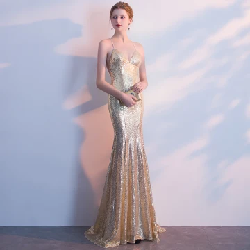 Brillante Vestidos De Noche 2018 Trumpet Mermaid Lentejuelas Spaghetti Straps Sin Espalda Sin Mangas Colas De Barrido Vestidos Formales