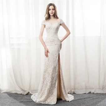 Elegant Ivory Evening Dresses 2018 Trumpet Mermaid Lace Split Front Off The Shoulder Backless Sleeveless Court Train Formal Dresses