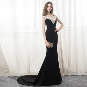 Sexy Black Evening Dresses 2018 Trumpet Mermaid Beading Sequins Backless V Neck Sleeveless Court Train Formal Dresses
