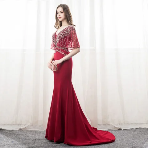 Luxury / Gorgeous Burgundy Evening Dresses  2018 Trumpet / Mermaid Beading Crystal Rhinestone V-Neck Backless 1/2 Sleeves Court Train Formal Dresses