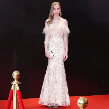 Elegant Champagne Evening Dresses 2018 Trumpet Mermaid Sequins Feather Tassel Scoop Neck Backless 3 4 Sleeve Ankle Length Formal Dresses