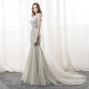 Luxe Gris Robe De Soirée 2018 Trompette Sirène Perlage Paillettes V Cou Dos Nu Manches Longues Chapel Train Robe De Ceremonie