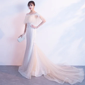 Elegant Champagne Evening Dresses 2018 Trumpet Mermaid Lace Appliques Beading Scoop Neck Short Sleeve Court Train Formal Dresses
