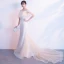 Élégant Champagne Robe De Soirée 2018 Trompette / Sirène En Dentelle Appliques Perlage Encolure Dégagée Manches Courtes Tribunal Train Robe De Ceremonie