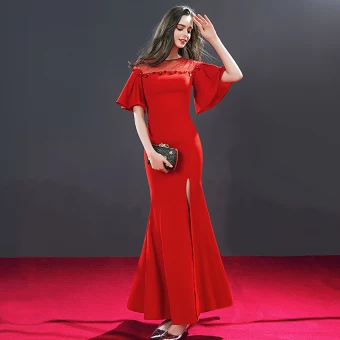 Chic Beautiful Evening Dresses 2018 Trumpet Mermaid Split Front Scoop Neck 1 2 Sleeves Floor Length Long Formal Dresses