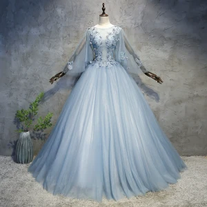 Chic Beautiful Prom Dresses 2018 Ball Gown Appliques Pearl Scoop Neck Backless Long Sleeve Floor Length Long Formal Dresses