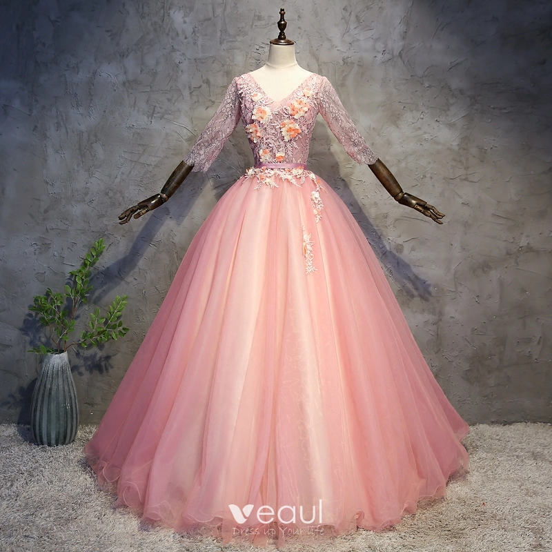 Chic Beautiful Pearl Pink Prom Dresses 2018 Ball Gown Appliques Pearl Sash V Neck Backless 3 4 Sleeve Floor Length Long Formal Dresses