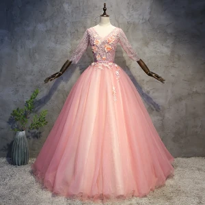 Schöne Perle Rosa Ballkleider 2018 Ballkleid Applikationen Perle Stoffgürtel V Ausschnitt Rückenfreies 3 4 Ärmel Lange Festliche Kleider