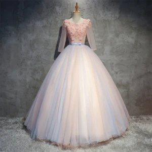 Chic Beautiful Pearl Pink Prom Dresses 2018 Ball Gown Appliques Pearl Scoop Neck Backless 3 4 Sleeve Floor Length Long Formal Dresses