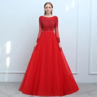 Chic Belle Rouge Robe De Bal 2018 Princesse Perlage Paillettes Ceinture Encolure Dégagée Dos Nu Manches Longues Tribunal Train Robe De Ceremonie